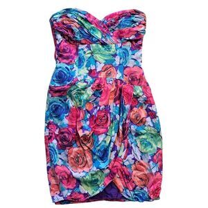 Vintage A.J. Bari Silk Floral Print Colorful Sweatheart Party Summer Dress Sz 12